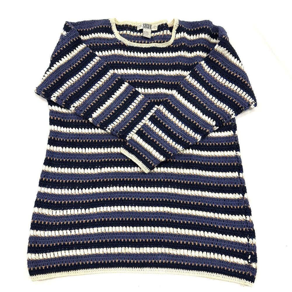 Vintage Fishermans Daughter Large Sweater Blue Cream Crochet Loose Knit Nautical